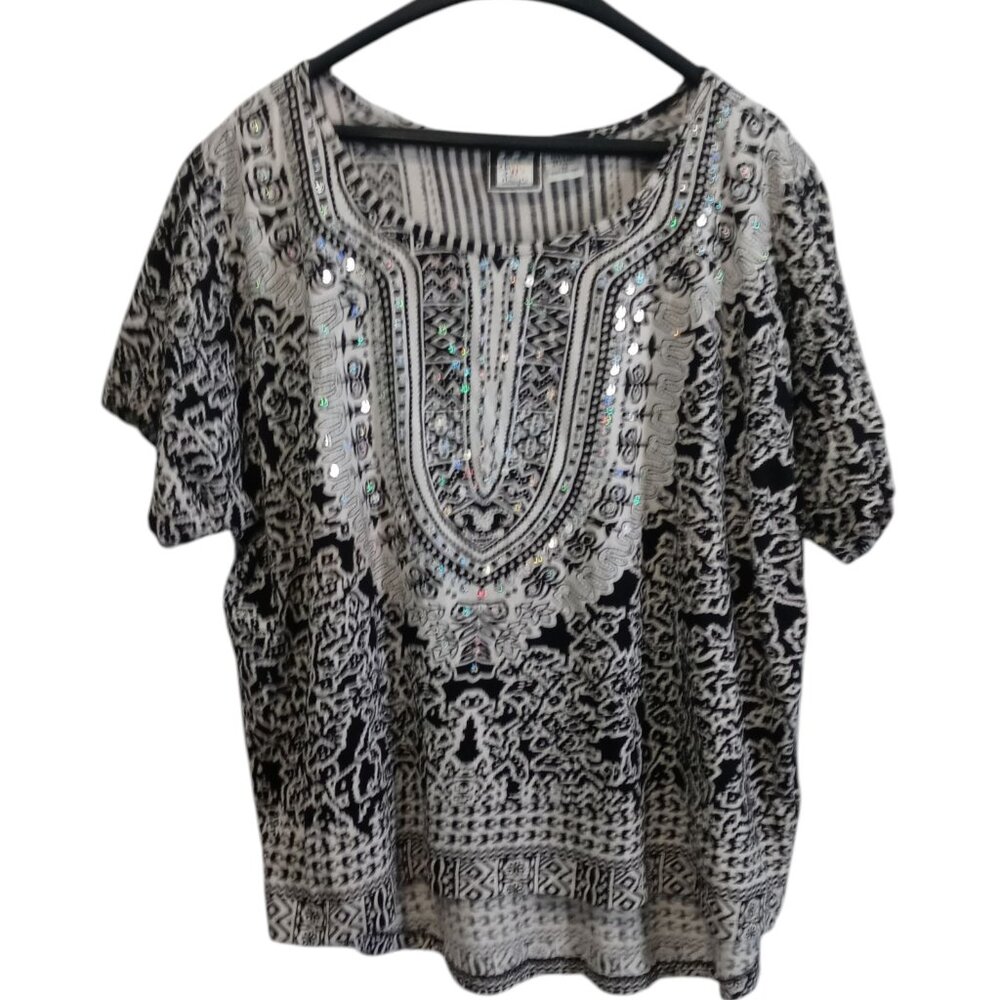 RARE Vintage Take Two Clothing Co.Hi- Low Black/White Sequins Top Size 3X